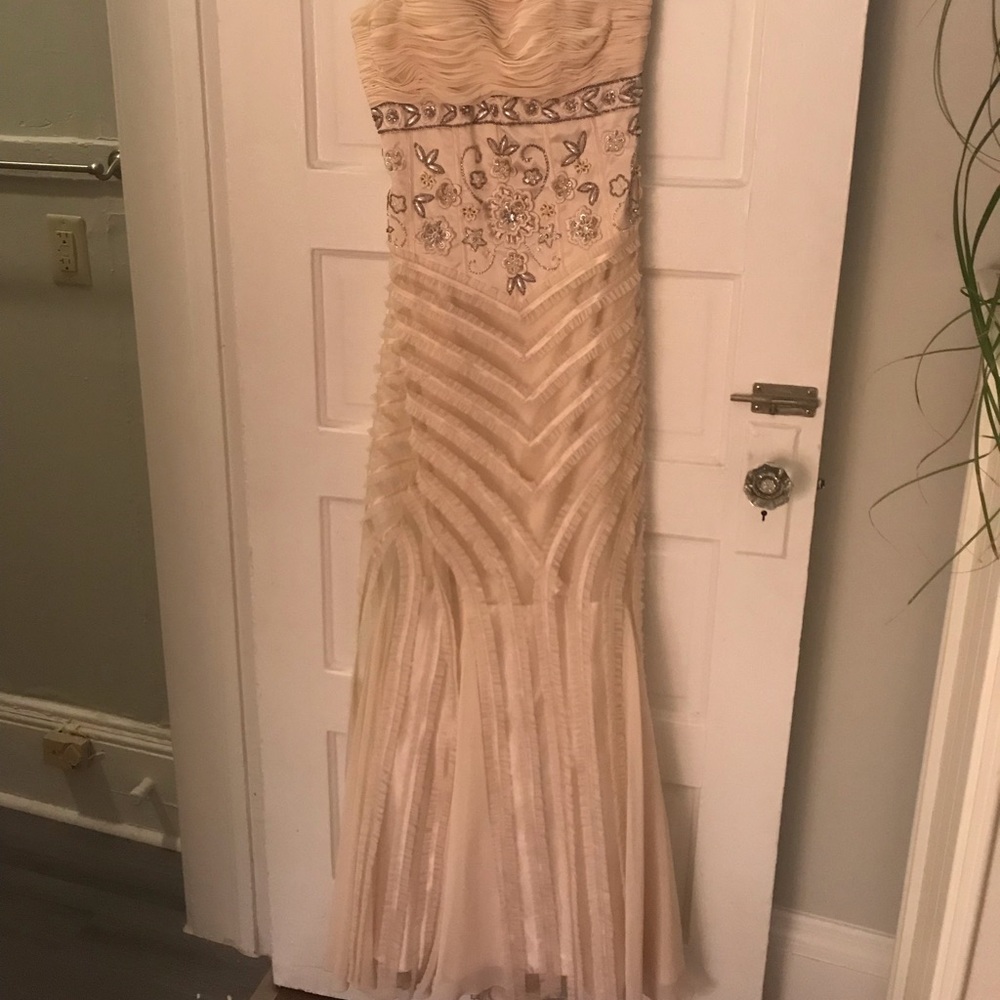 Sue Wong Champagne Embellished Strapless Prom Gown